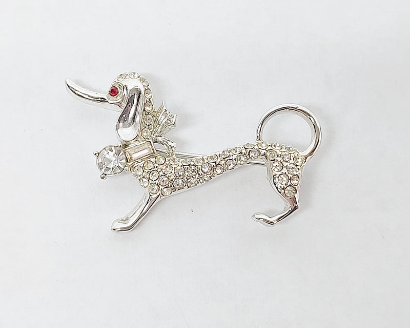 Vintage Silver Tone Dachshund Weiner Dog Brooch with Rhinestones - Hers and His Treasures