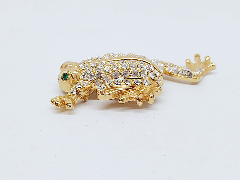 Large Gold Tone and Rhinestone Frog Brooch Pin - Hers and His Treasures