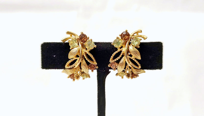 Vintage Lisner Gold Tone Clip-On Earrings with Brown and Green Rhinestones - Hers and His Treasures