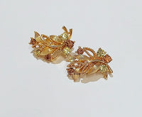 Vintage Lisner Gold Tone Clip-On Earrings with Brown and Green Rhinestones - Hers and His Treasures