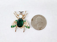 Pegasus Coro Fly Bug Green and White Enamel Rhinestone Brooch - Hers and His Treasures
