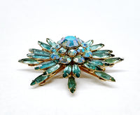Judy Lee Aqua Blue Navette and AB Crystal Flower Brooch Pin - Hers and His Treasures