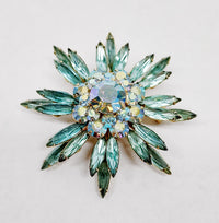 Judy Lee Aqua Blue Navette and AB Crystal Flower Brooch Pin - Hers and His Treasures