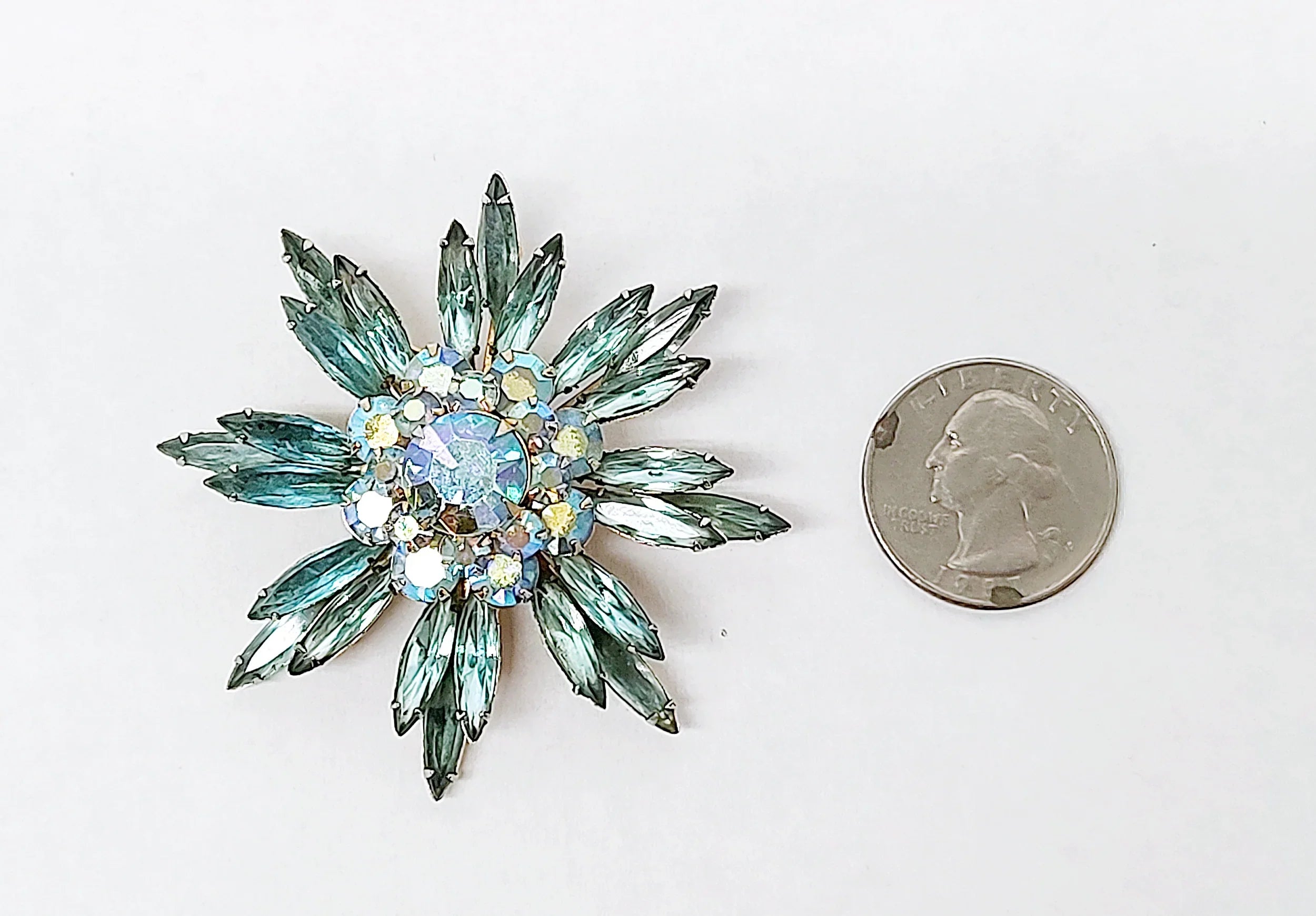 Judy Lee Aqua Blue Navette and AB Crystal Flower Brooch Pin – Hers