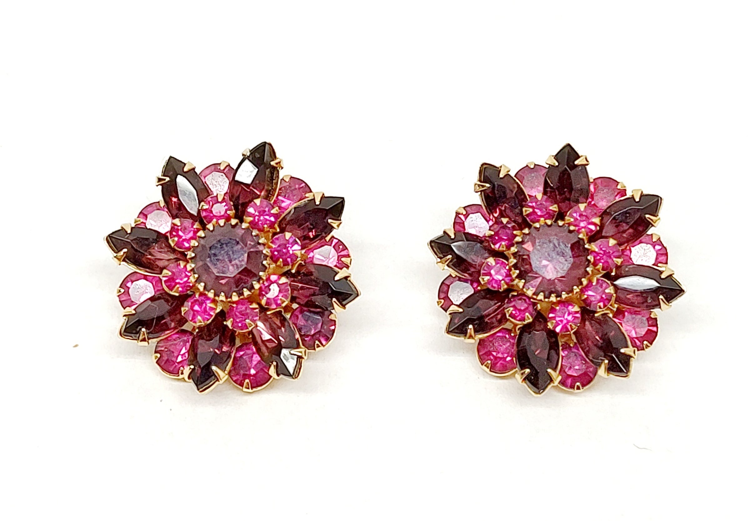 Judy Lee Pink and Purple Rhinestone Round Clip-On Earrings - Hers and His Treasures
