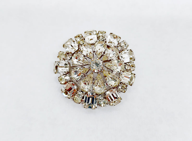 Weiss Silver Tone Domed Round Brooch Pin with Clear Rhinestones - Hers and His Treasures