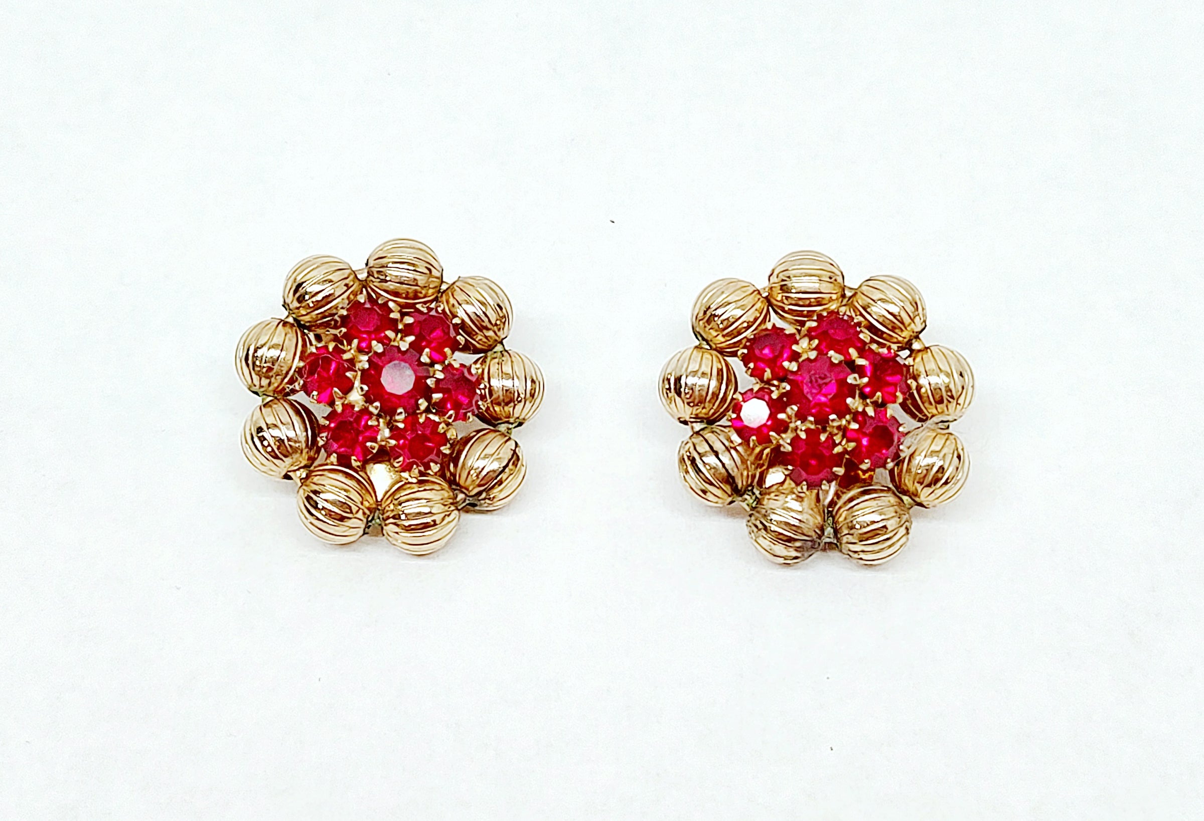 Weiss Round Gold Tone Ball and Red Rhinestone Clip-On Earrings - Hers and His Treasures