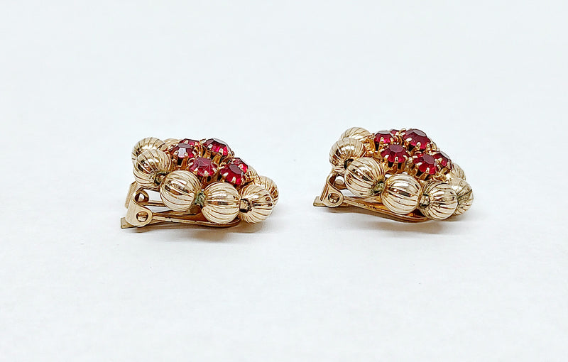 Weiss Round Gold Tone Ball and Red Rhinestone Clip-On Earrings - Hers and His Treasures
