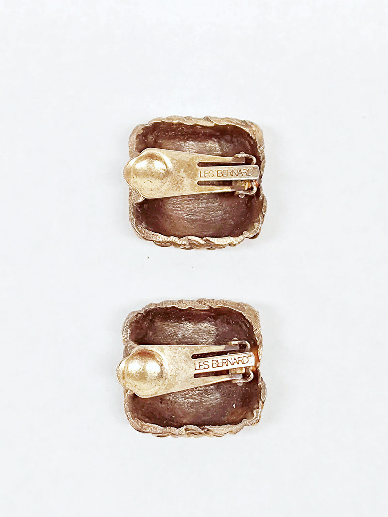 Les Bernard Square Weave Gold Tone Clip-On Earrings - Hers and His Treasures