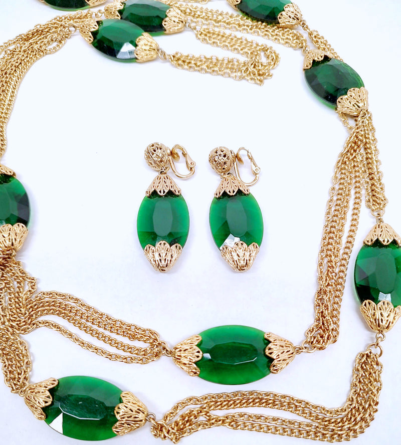 Napier Large Faceted Green Bead Multi-Strand Necklace and Earring Set - Hers and His Treasures