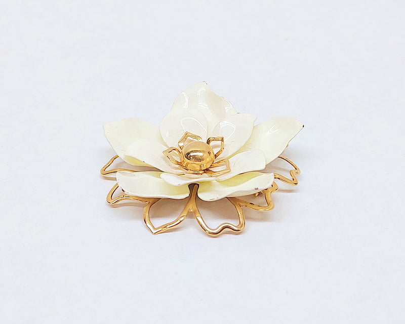 Emmons White Enamel and Gold Tone Flower Brooch Pin - Hers and His Treasures