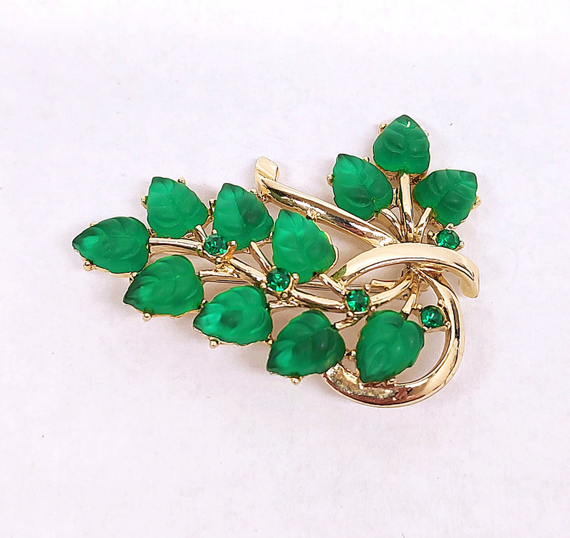 Coro Gold Tone and Green Thermoset Leaf Brooch Pin - Hers and His Treasures