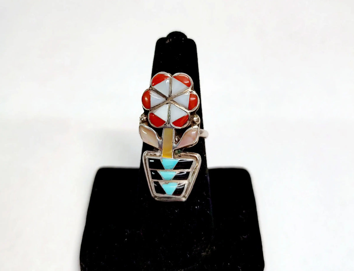 Vintage 1970's Zuni L L Shetima Inlay Flower Pot Sterling Ring - Hers and His Treasures