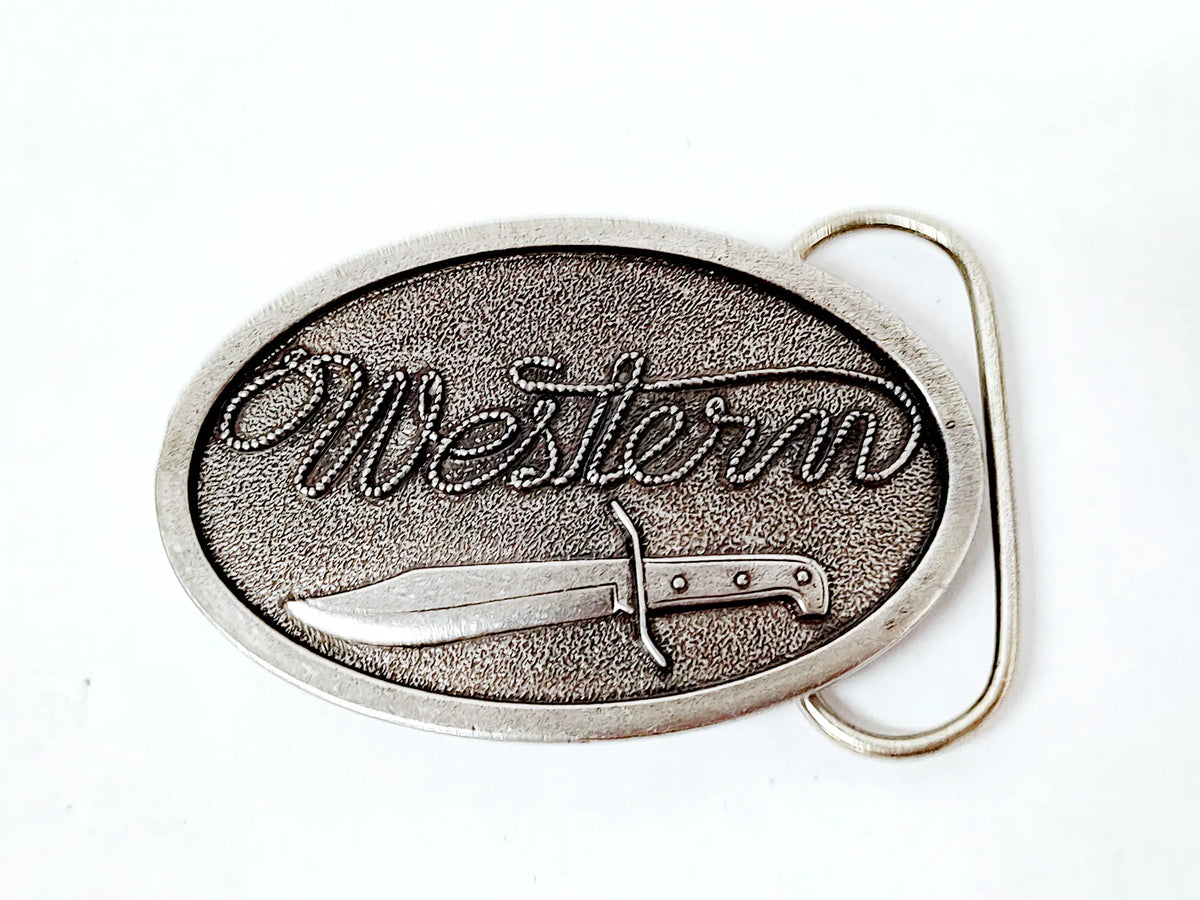 1995 Western Cutlery Knives Bowie Knife Belt Buckle - Hers and His Treasures