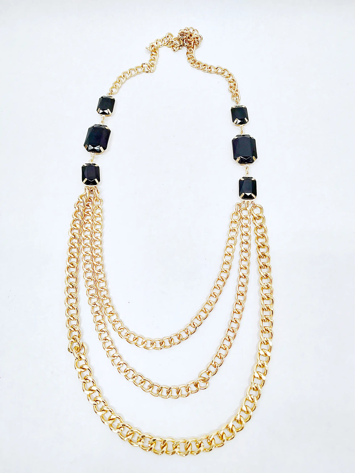 Vintage 32" Triple Strand Gold Tone Chain Link Black Bead Necklace - Hers and His Treasures