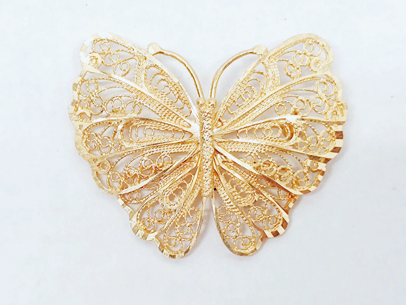 14K Yellow Gold Filigree Butterfly Brooch Pin Arpas | Turkey - Hers and His Treasures