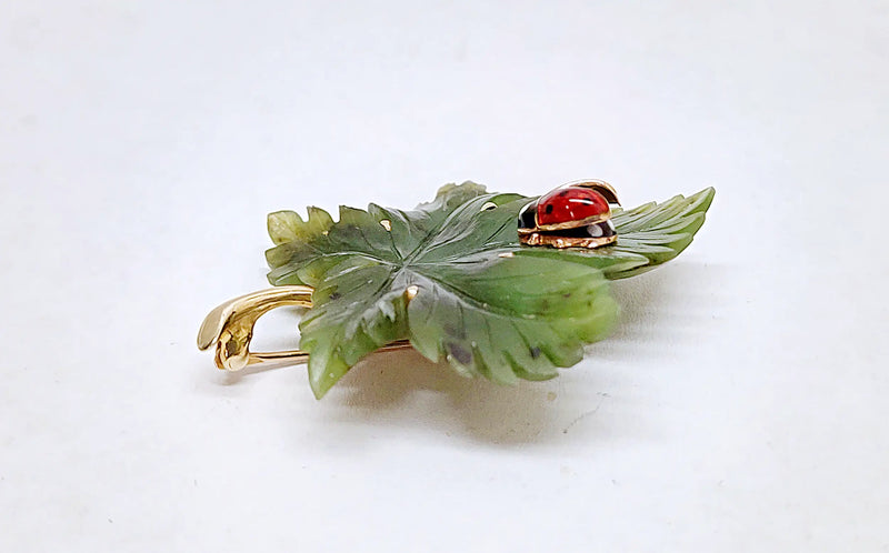 14K Gold Nephrite Jade Maple Leaf with Ladybug Brooch Pin - Hers and His Treasures