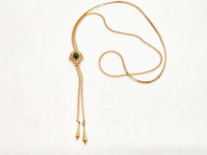 1979 Sarah Coventry Lariat with Faux Jade Cabochon 36" Necklace - Hers and His Treasures