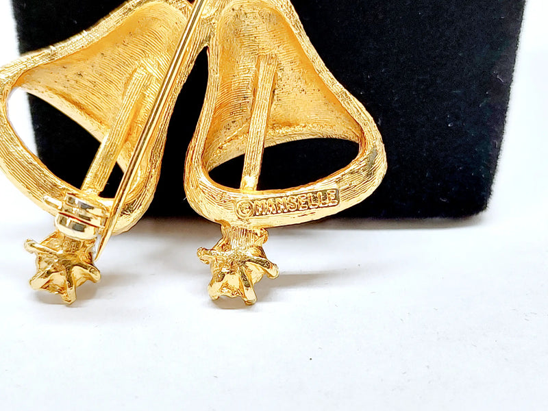 Vintage Mamselle Christmas Bells Gold Tone Brooch Pin  - Hers and His Treasures