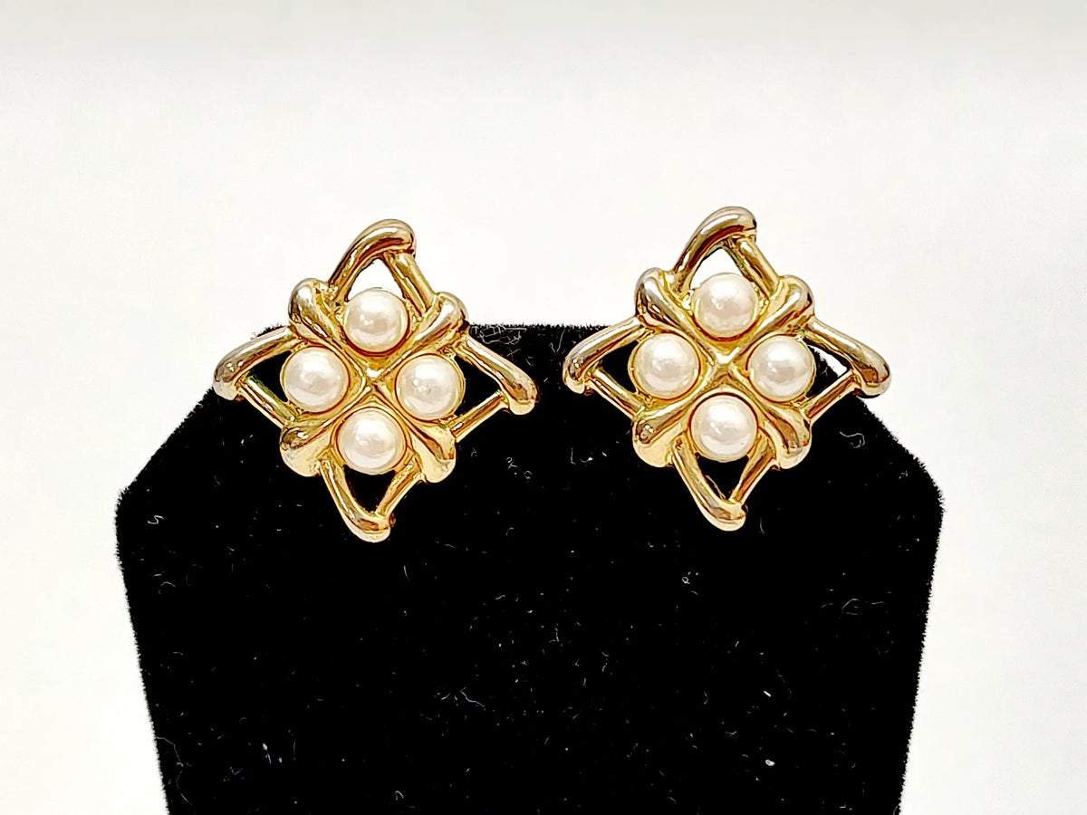 Vintage Trifari Gold Tone with Faux Pearls Clip-On Earrings | USA - Hers and His Treasures