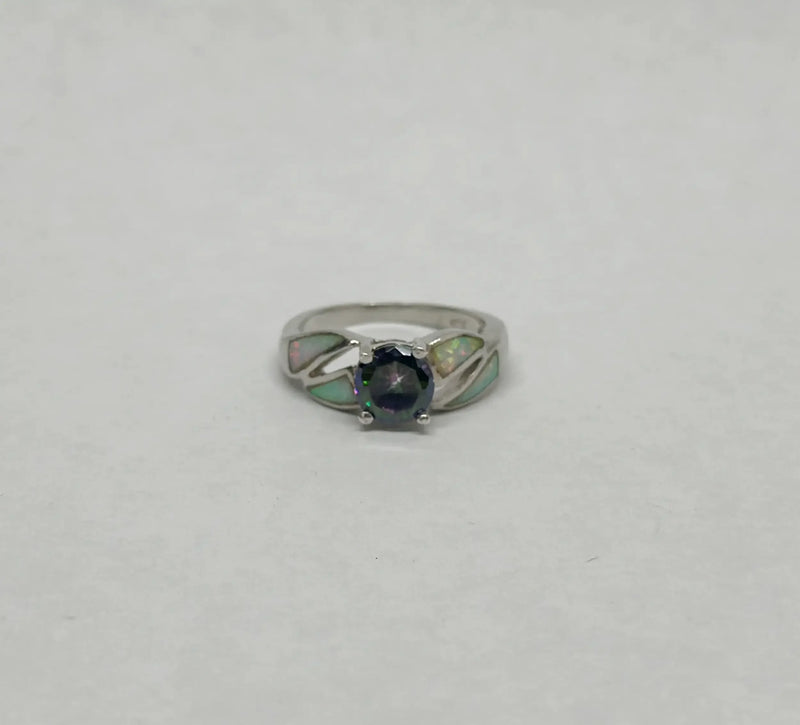 Simulated Opal and CZ Mystic Topaz .925 Sterling Silver Ring