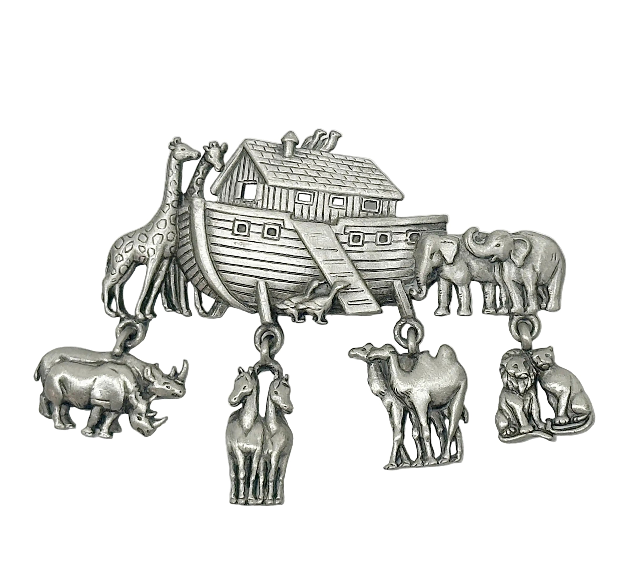 JJ Jonette Noah's Ark Pewter Brooch with Dangling Animal Charms - Hers and His Treasures