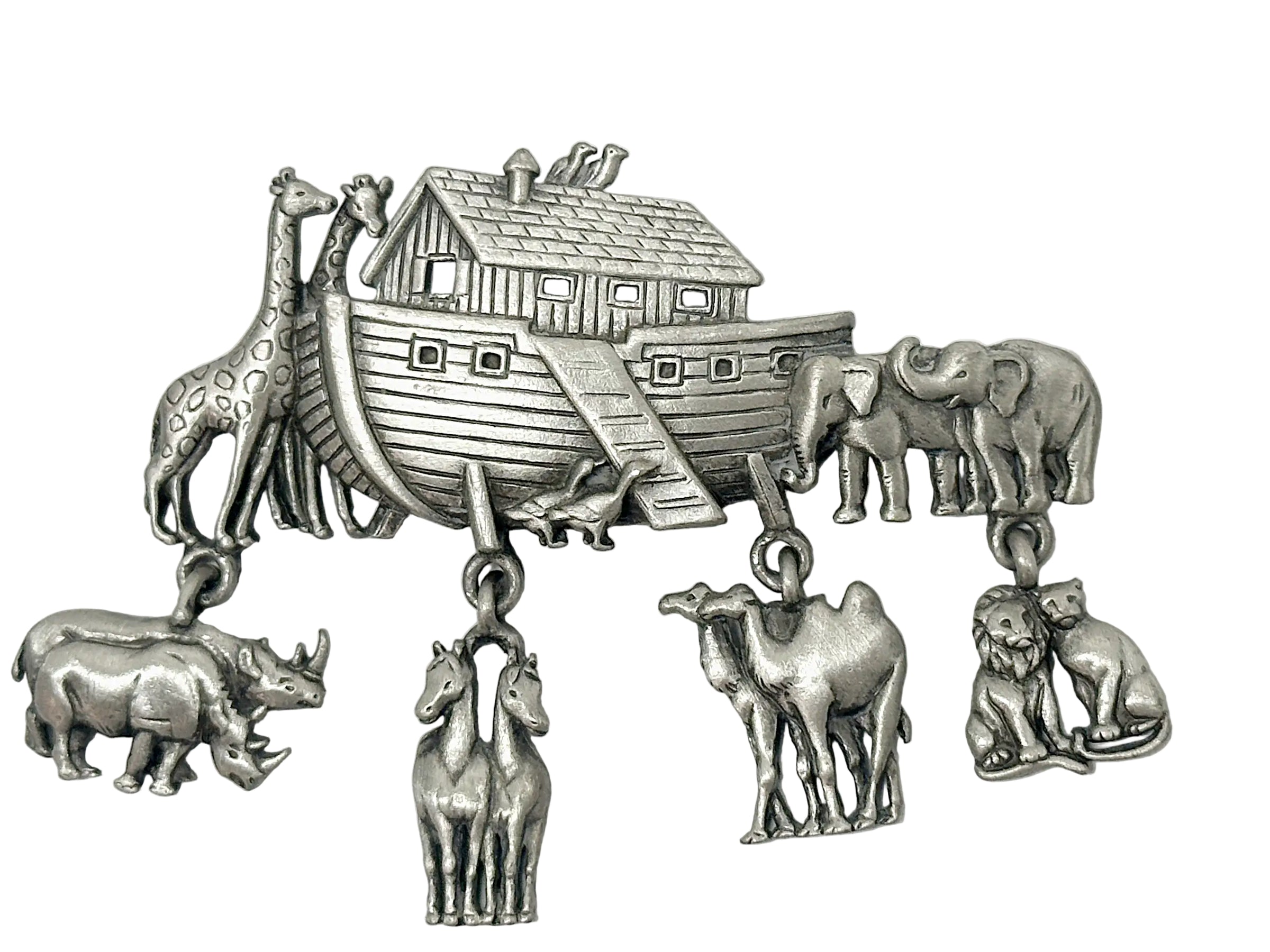 JJ Jonette Noah's Ark Pewter Brooch with Dangling Animal Charms - Hers and His Treasures