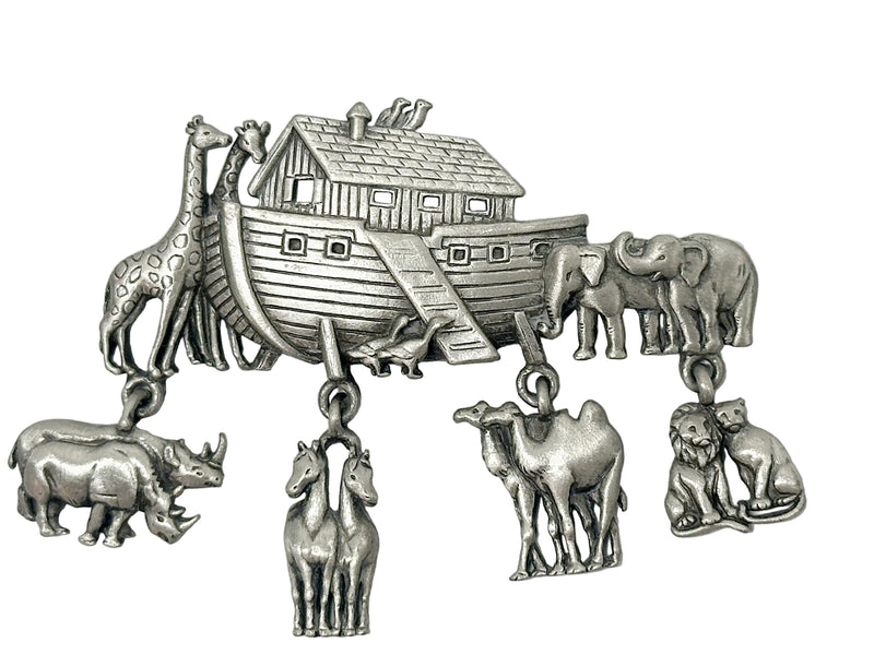 JJ Jonette Noah's Ark Pewter Brooch with Dangling Animal Charms - Hers and His Treasures