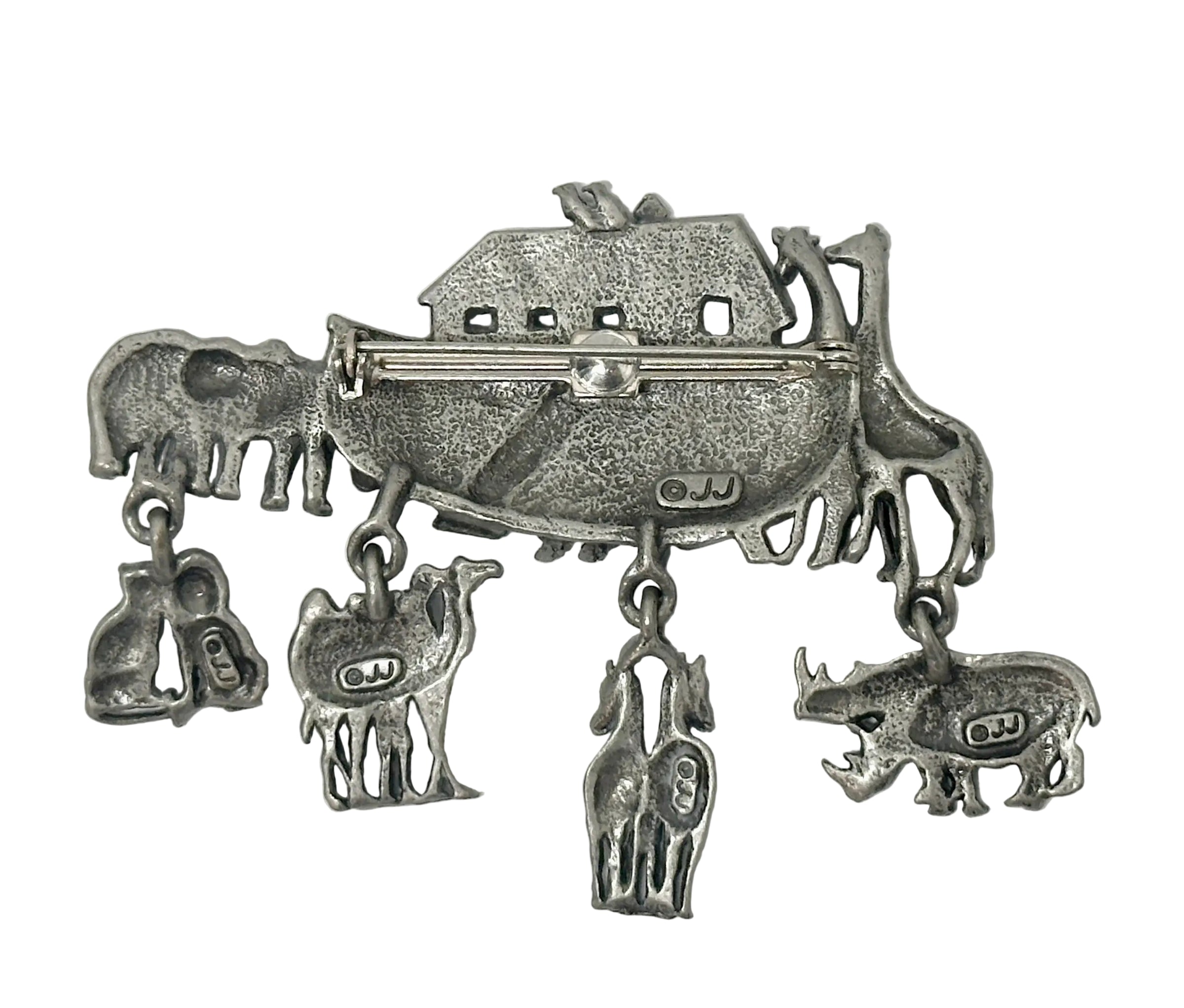 JJ Jonette Noah's Ark Pewter Brooch with Dangling Animal Charms - Hers and His Treasures