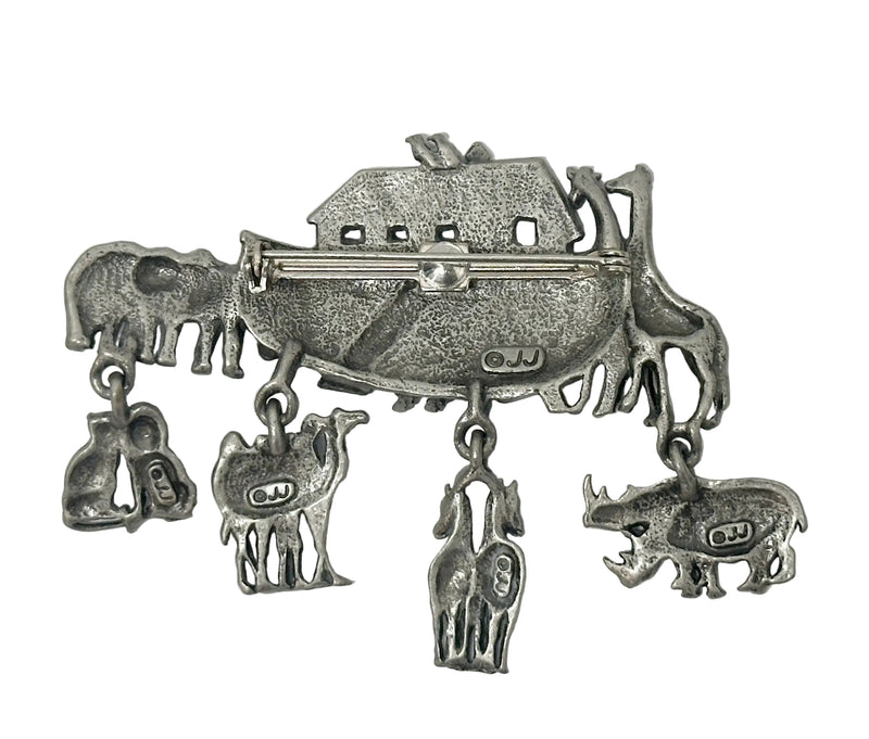 JJ Jonette Noah's Ark Pewter Brooch with Dangling Animal Charms - Hers and His Treasures