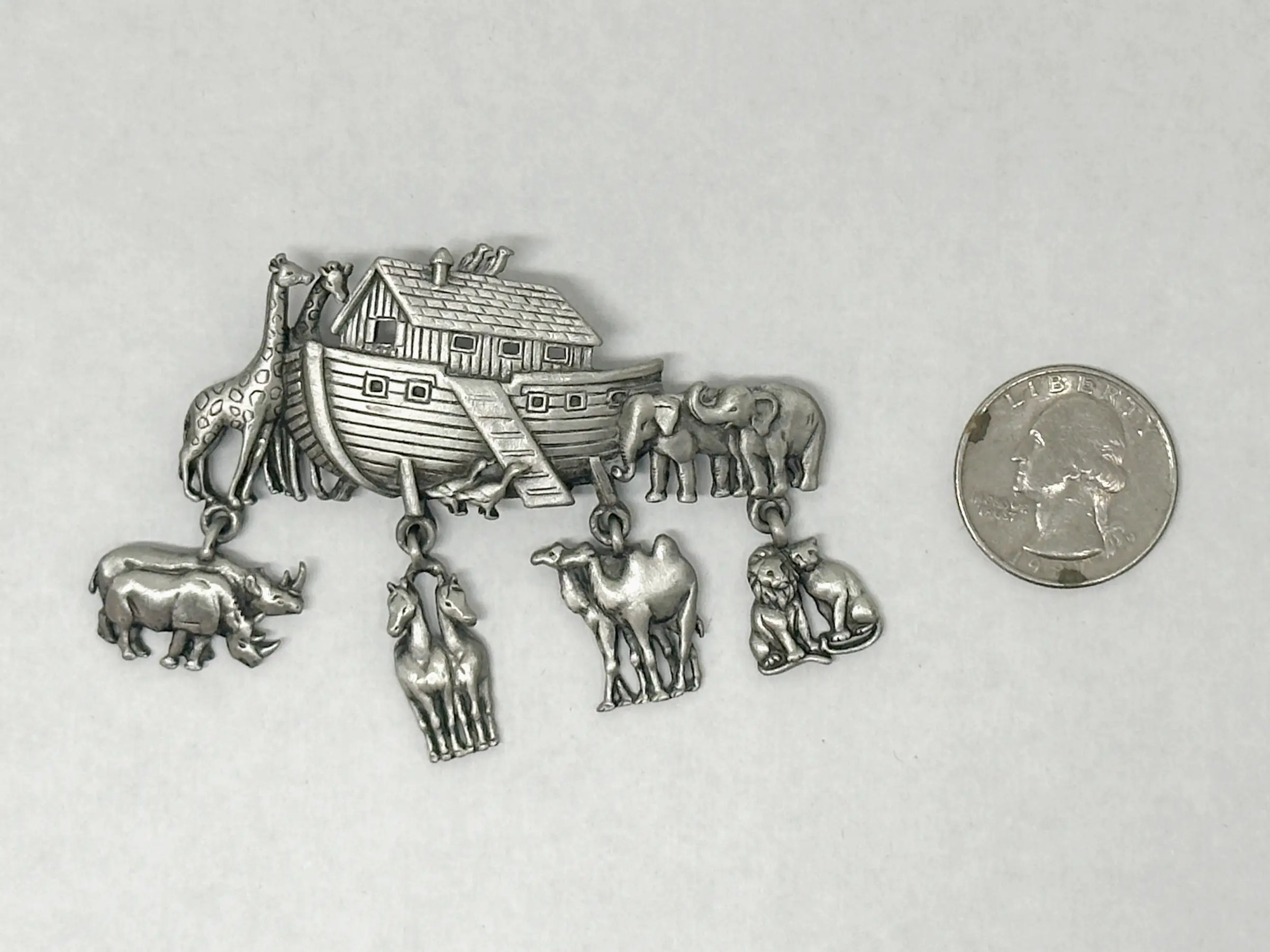 JJ Jonette Noah's Ark Pewter Brooch with Dangling Animal Charms - Hers and His Treasures