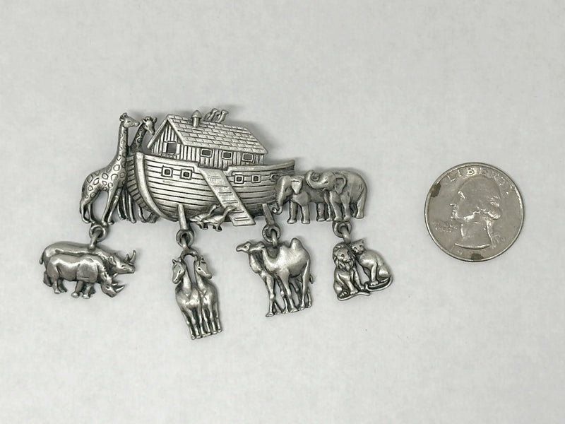 JJ Jonette Noah's Ark Pewter Brooch with Dangling Animal Charms - Hers and His Treasures