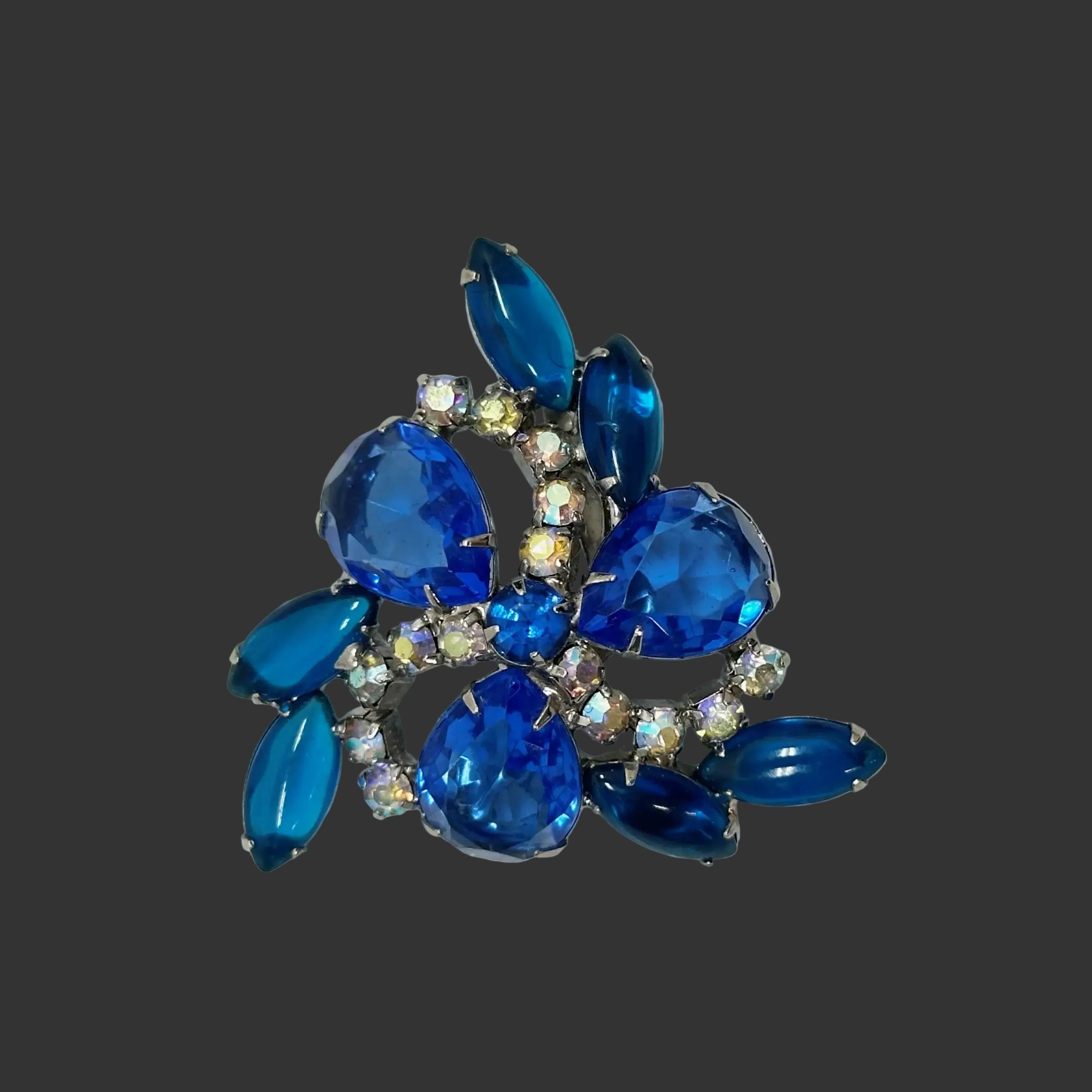Juliana Vibrant Sapphire Blue and AB Rhinestone Brooch Pin - Hers and His Treasures