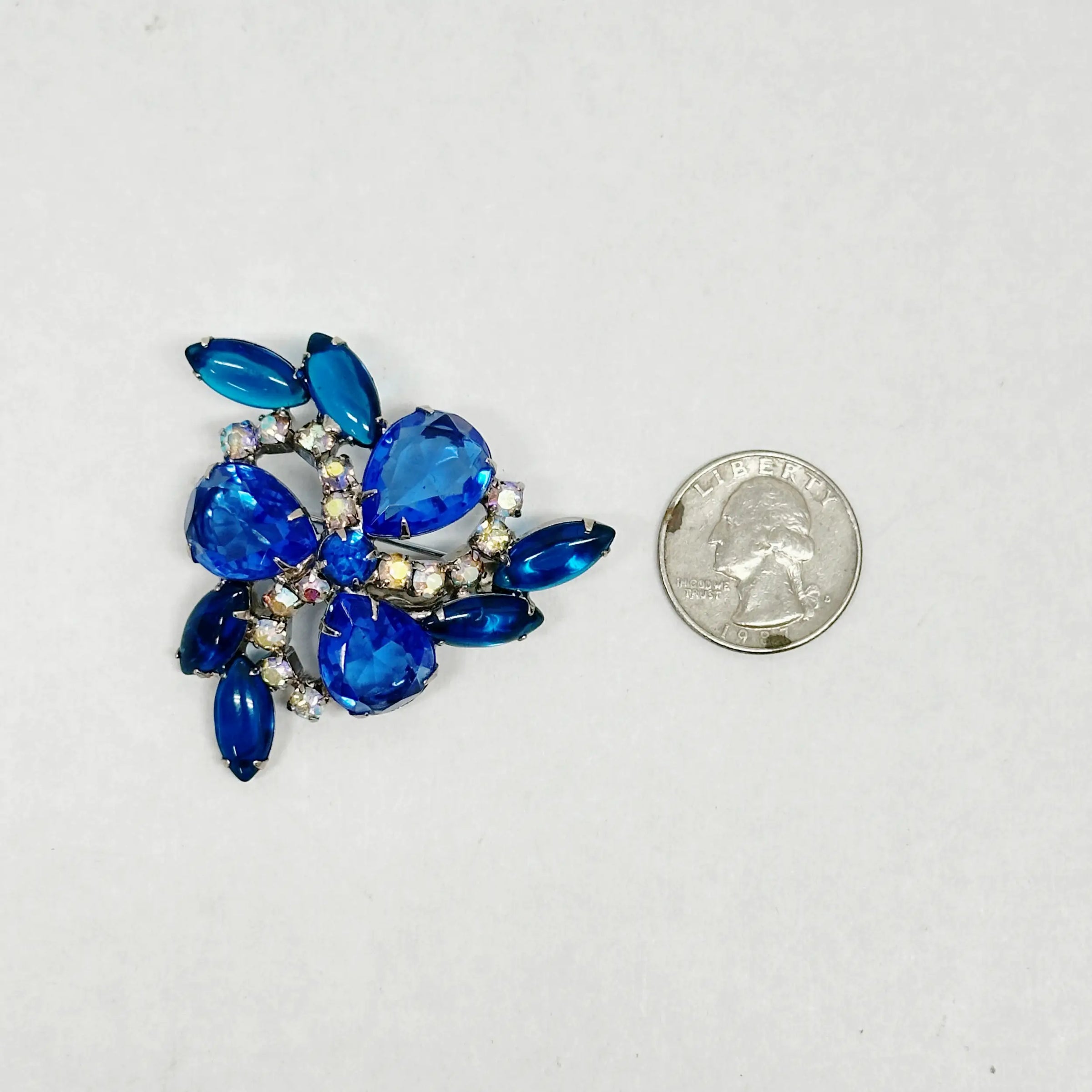 Juliana Vibrant Sapphire Blue and AB Rhinestone Brooch Pin - Hers and His Treasures