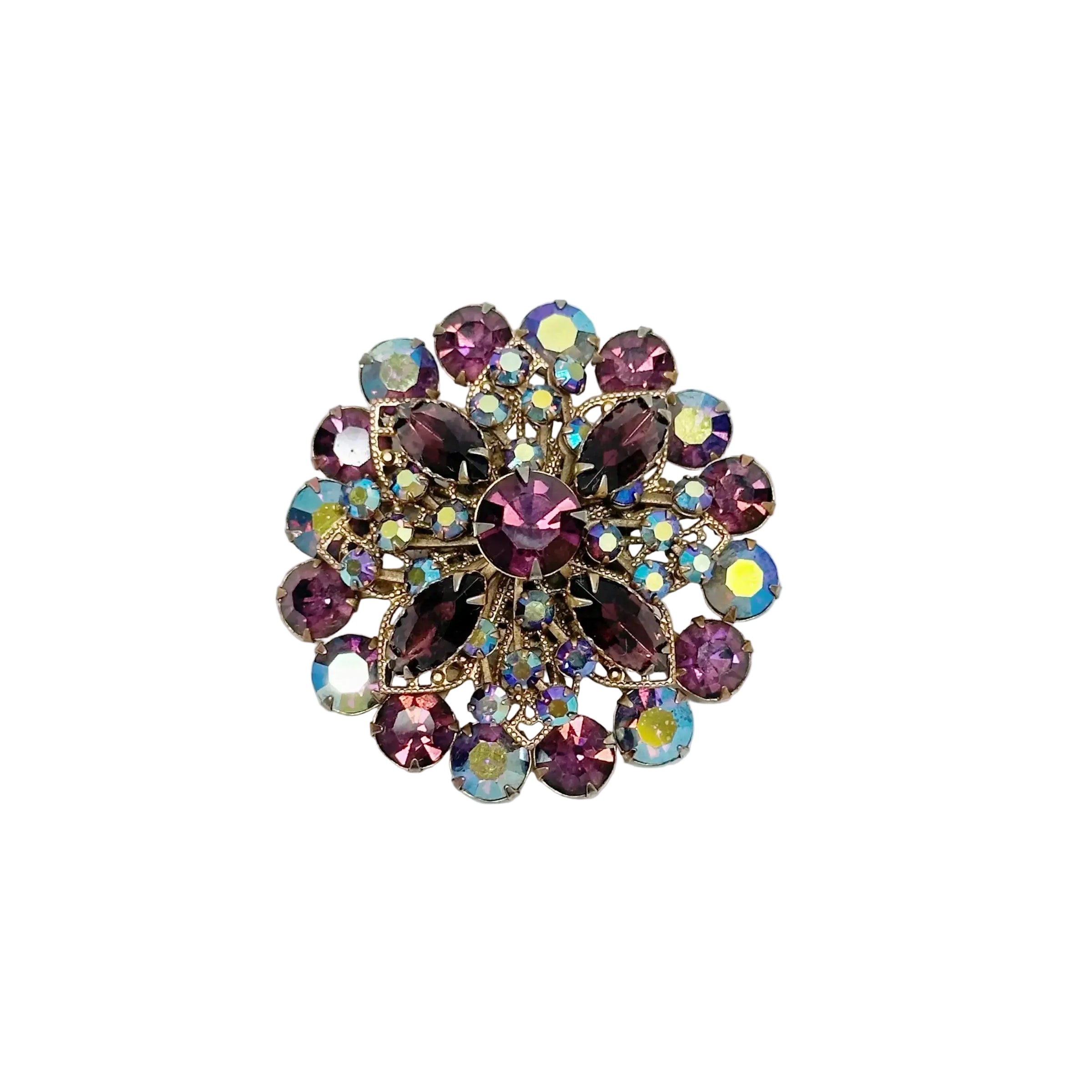 Juliana D&E Amethyst Purple AB Rhinestone Gold Tone Brooch - Hers and His Treasures