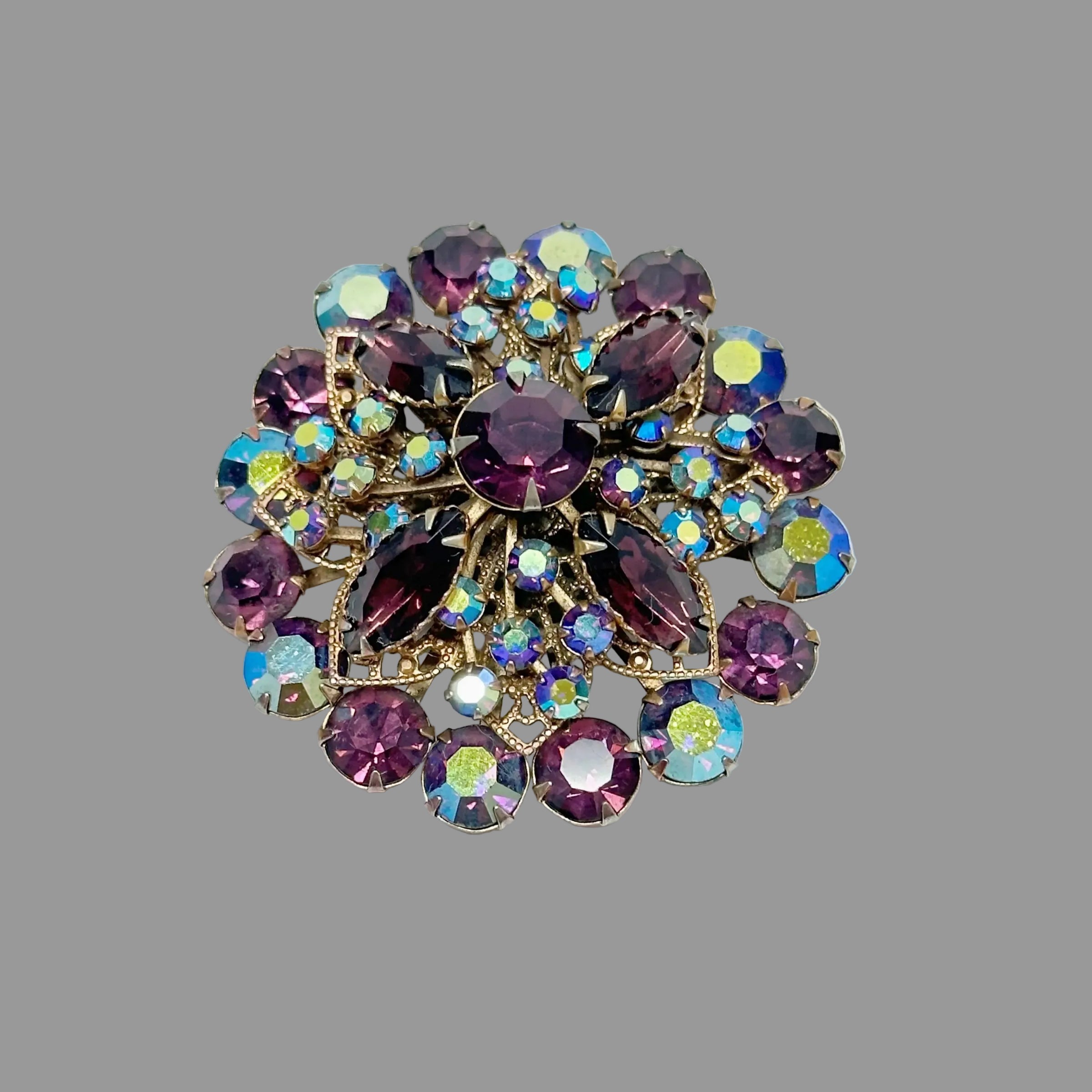 Juliana D&E Amethyst Purple AB Rhinestone Gold Tone Brooch - Hers and His Treasures