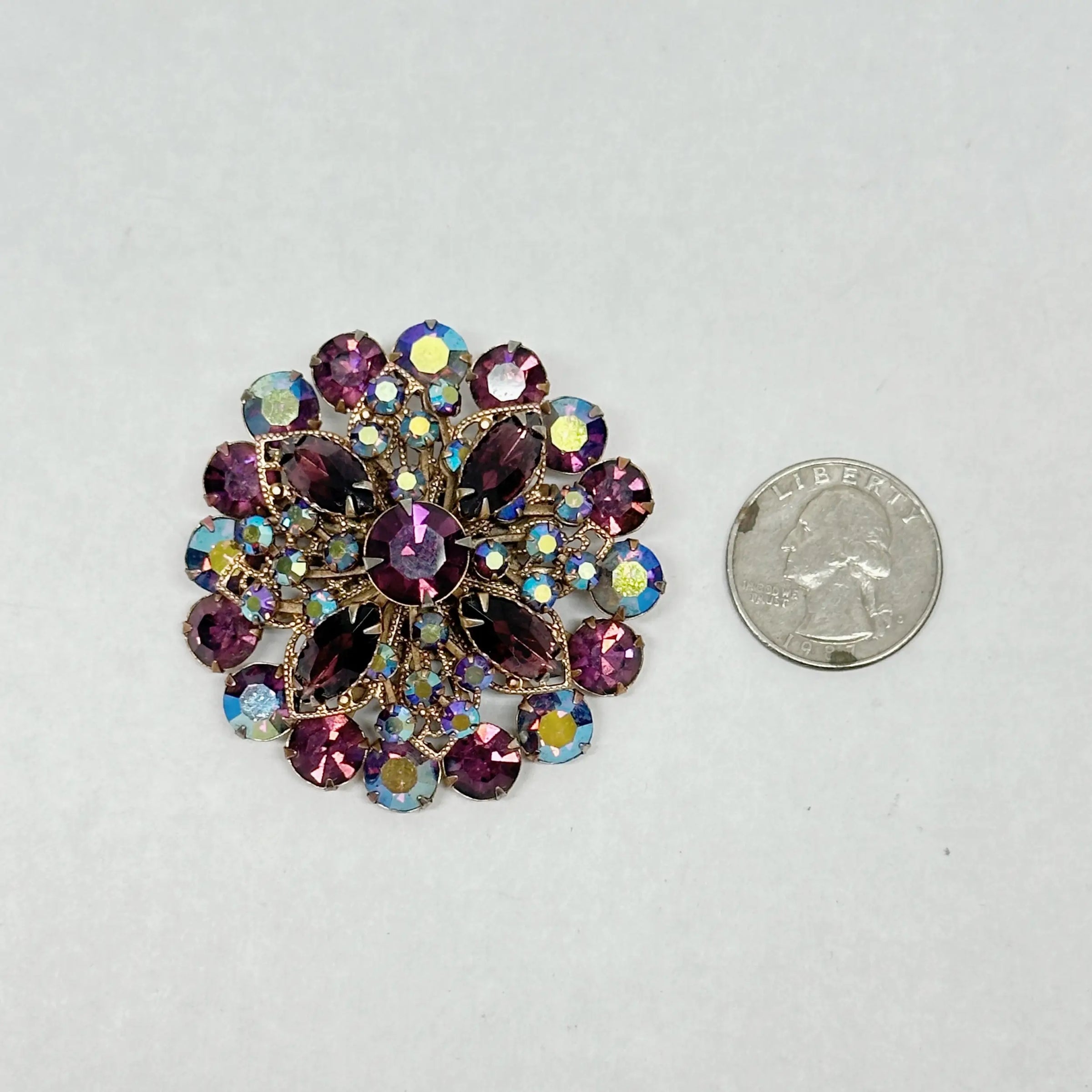 Juliana D&E Amethyst Purple AB Rhinestone Gold Tone Brooch - Hers and His Treasures