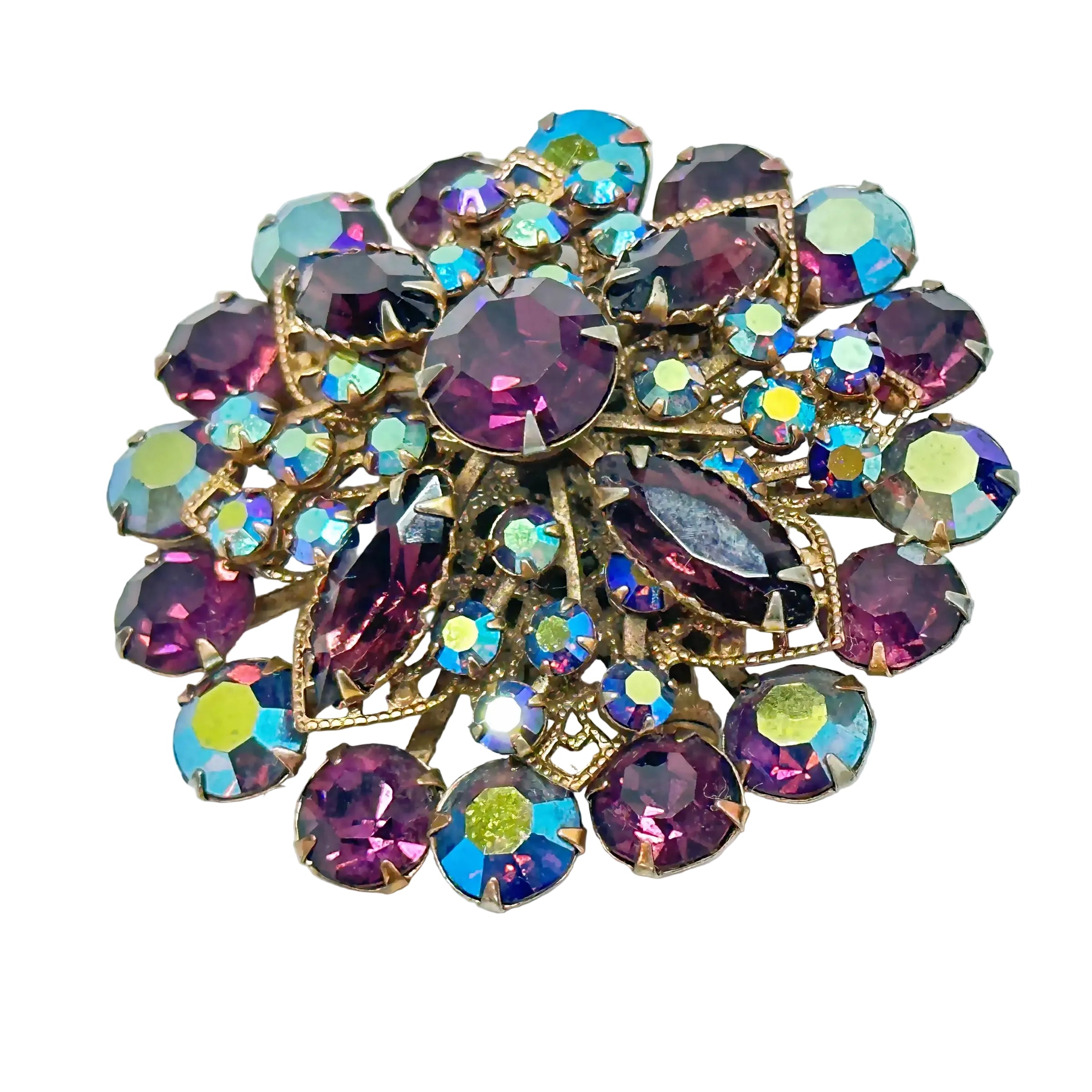 Juliana D&E Amethyst Purple AB Rhinestone Gold Tone Brooch - Hers and His Treasures