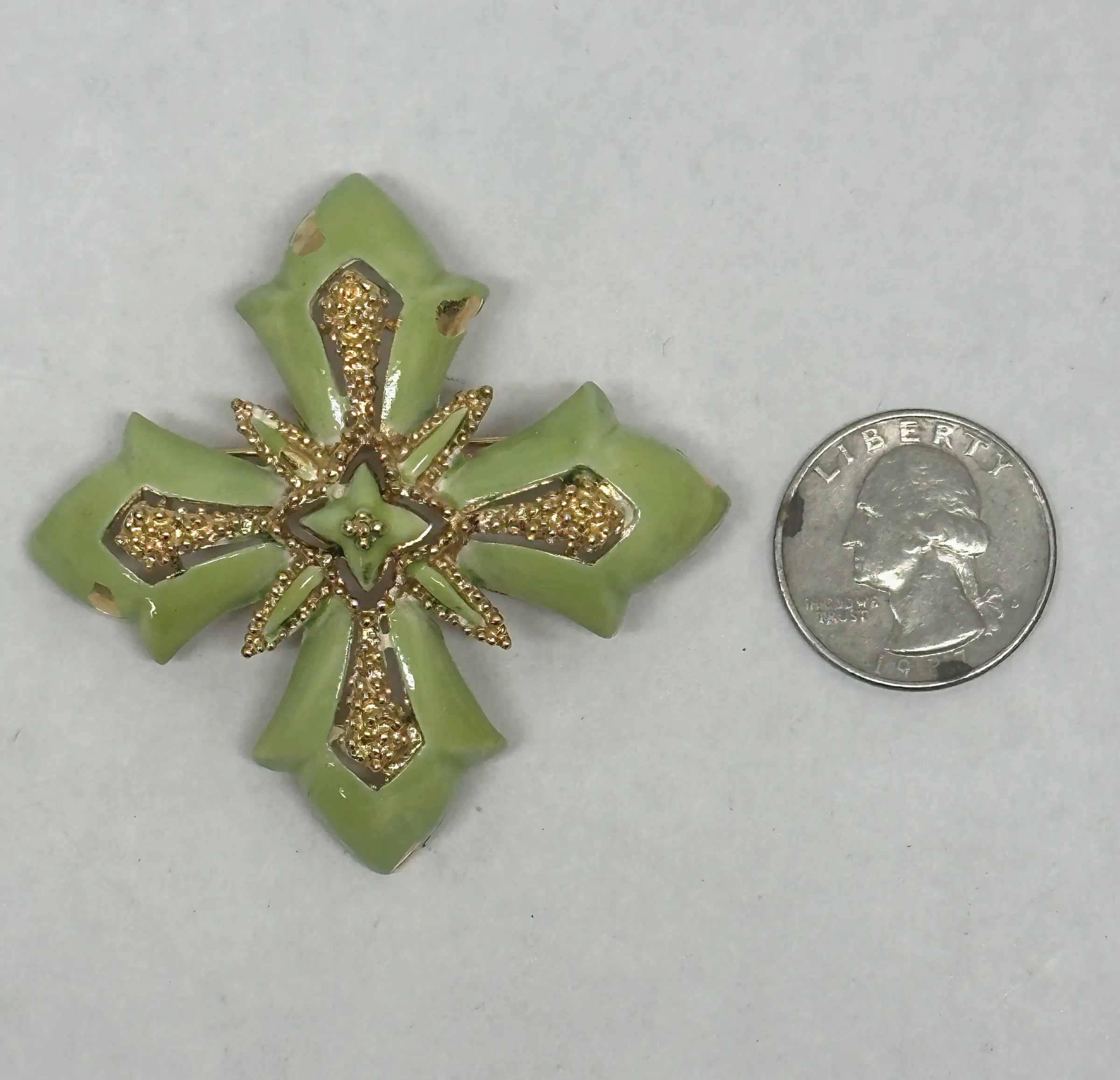Vintage LISNER Green Enamel Maltese Cross Brooch Pin - Hers and His Treasures