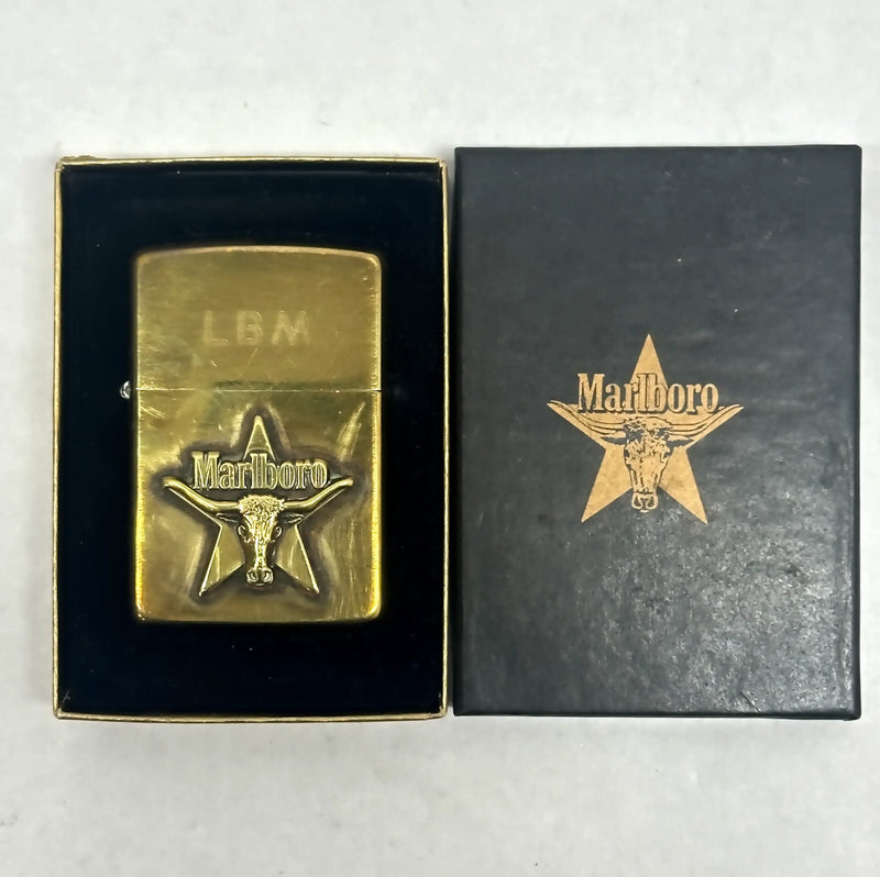 1991 VII Brass Marlboro Longhorn Steer on Star Zippo Lighter - Hers and His Treasures