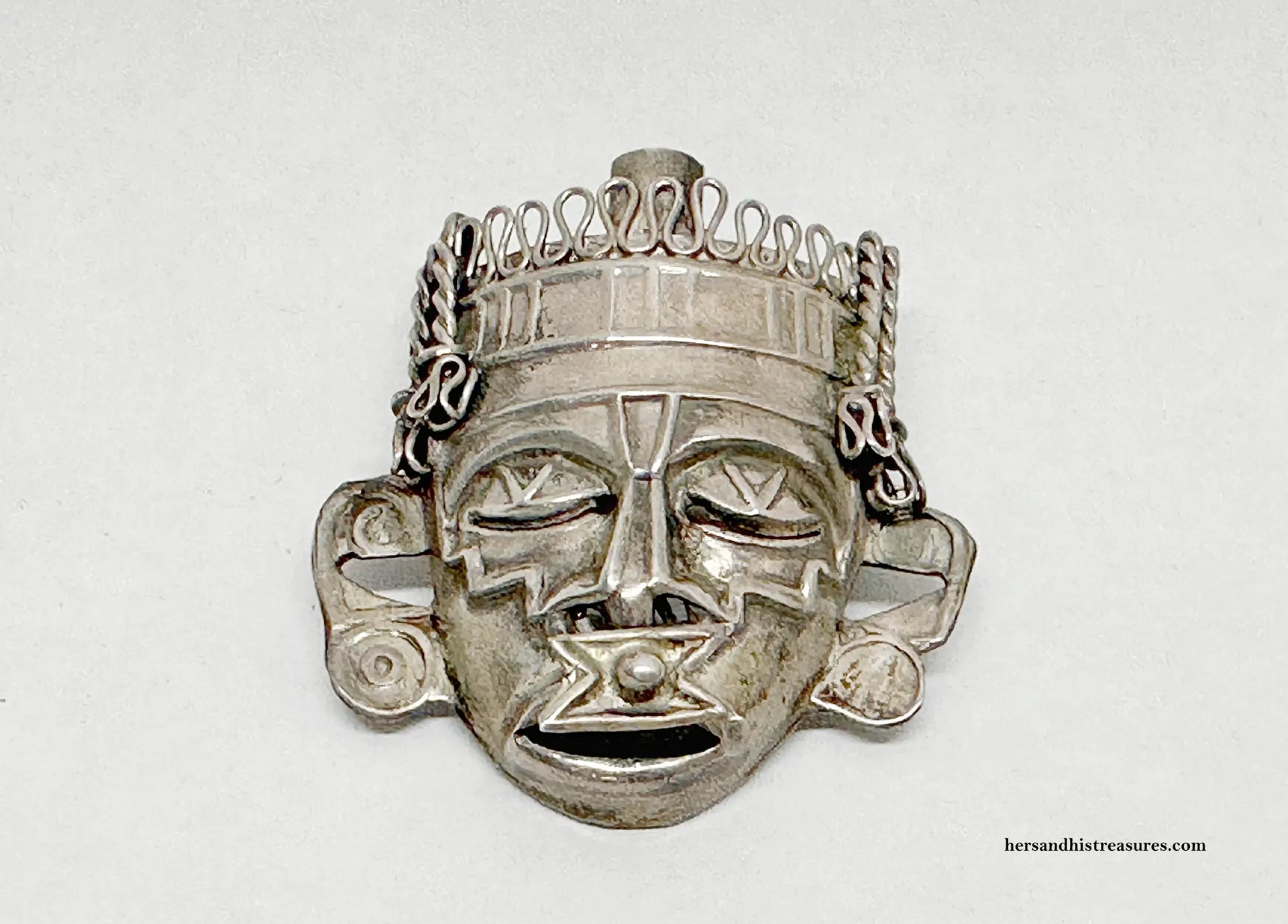 Xipe Totec Aztec God Mayan Mask Sterling Silver Brooch Pin R.B.Z.