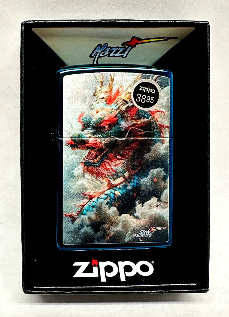 2025 Mazzi Cloud Dragon Design 486686 High Blue Polished Zippo Lighter - Hers and His Treasures