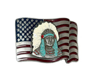 Native American Chief and American Flag Pewter Belt Buckle - Hers and His Treasures