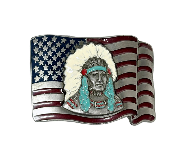 Native American Chief and American Flag Pewter Belt Buckle - Hers and His Treasures