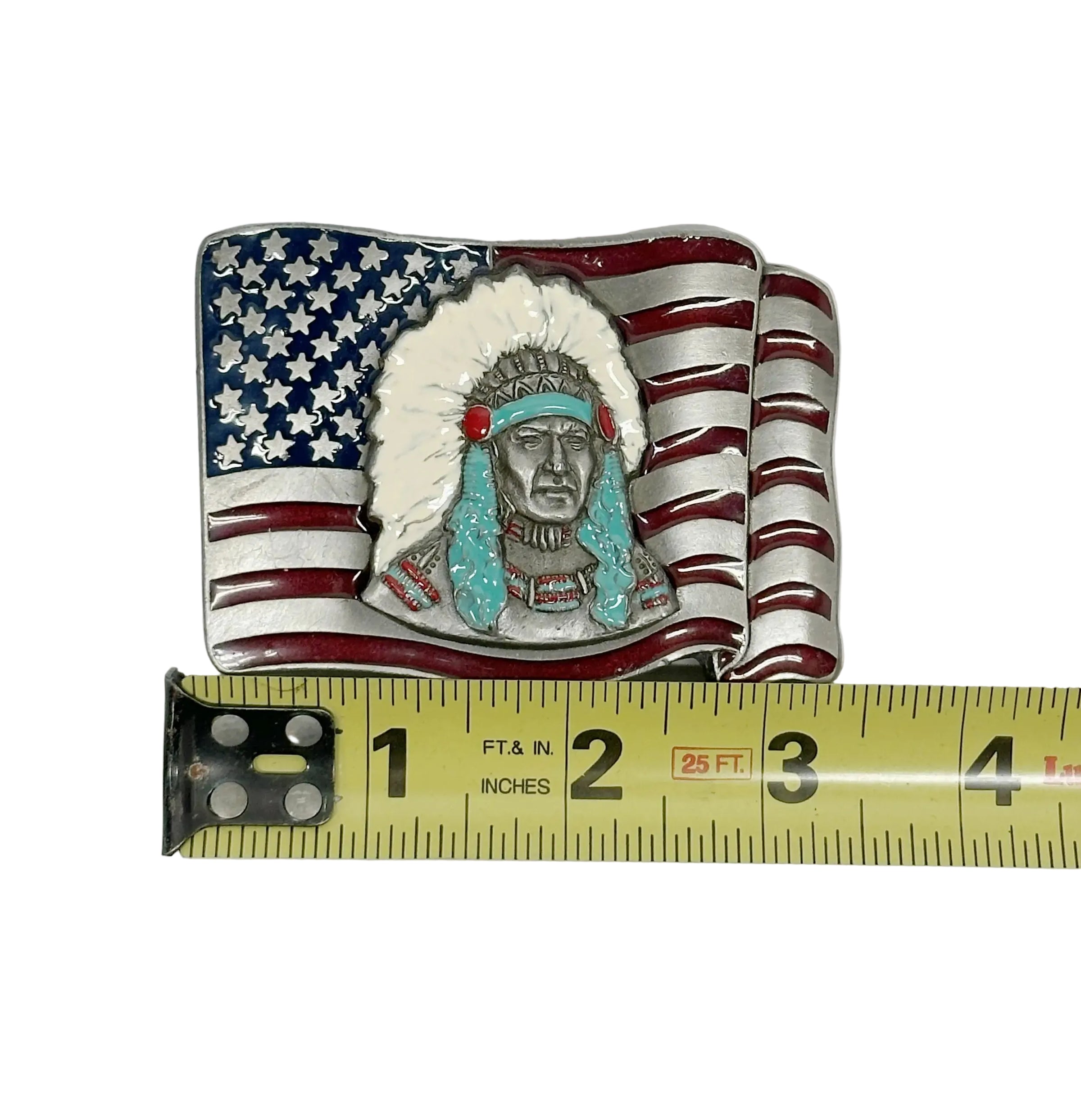 Native American Chief and American Flag Pewter Belt Buckle - Hers and His Treasures