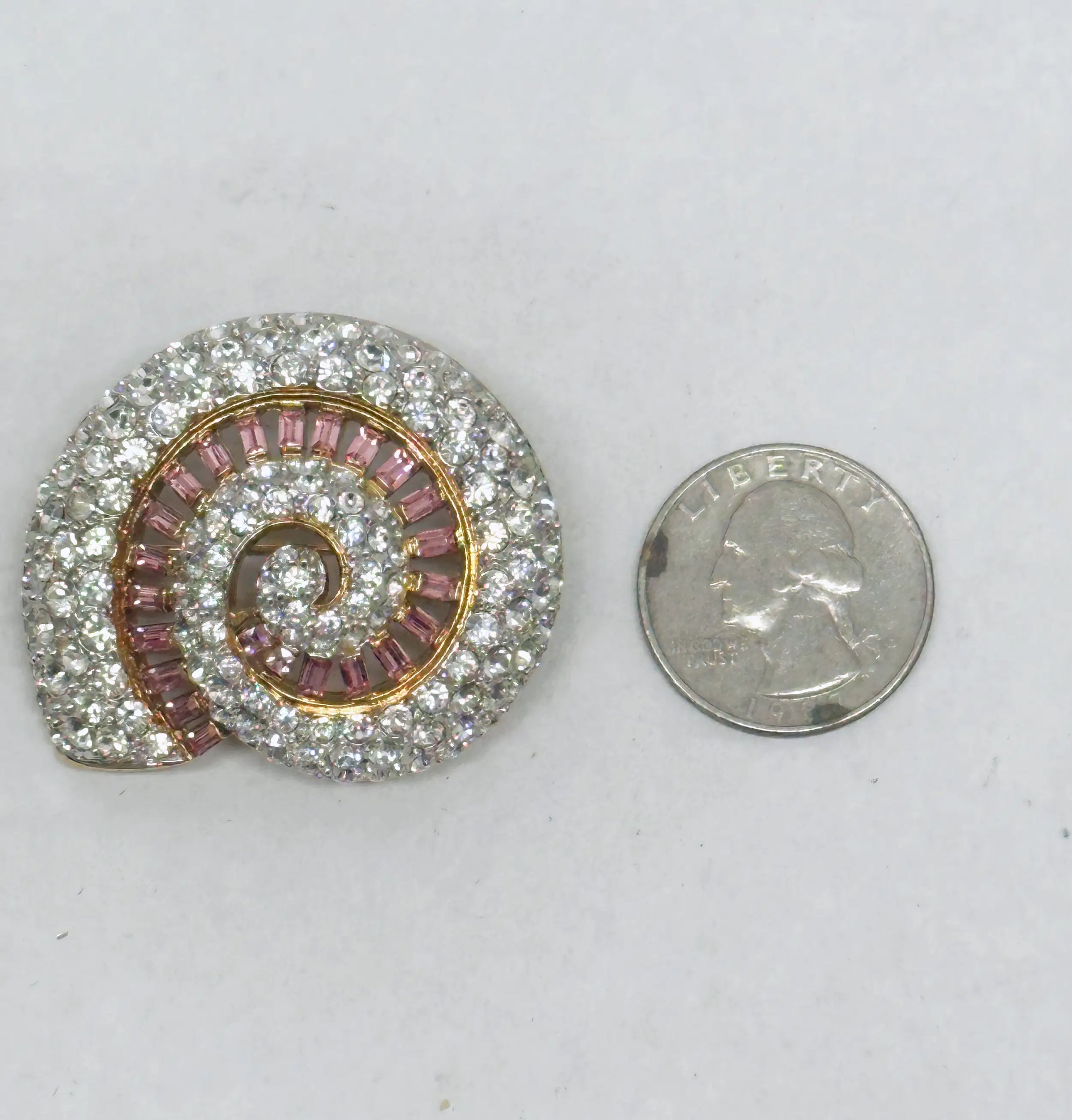Nolan Miller Snail Shell Pink & Clear Rhinestone Brooch Pin - Hers and His Treasures