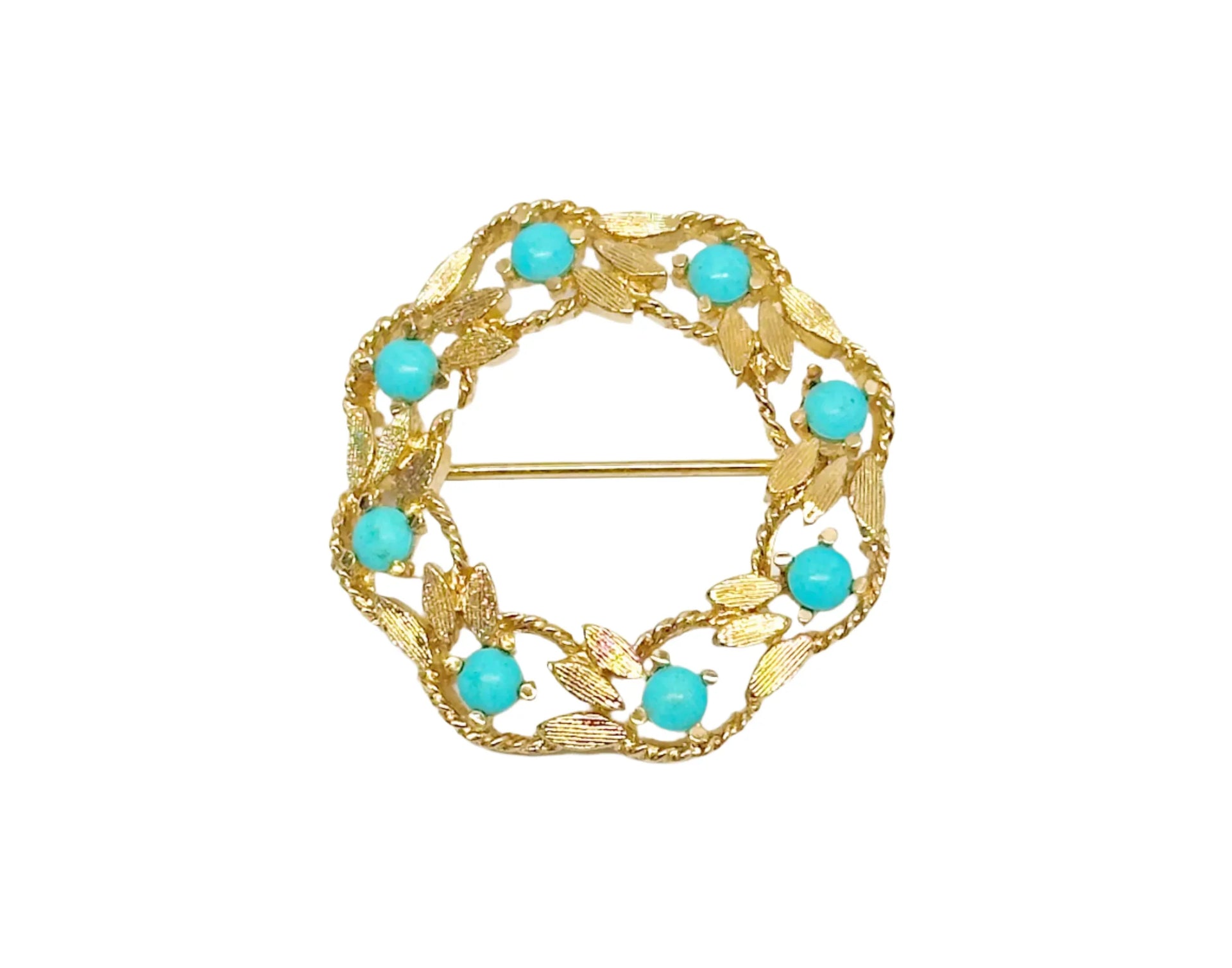 Panetta Gold Tone Wreath Brooch with Faux Turquoise – Hers and His