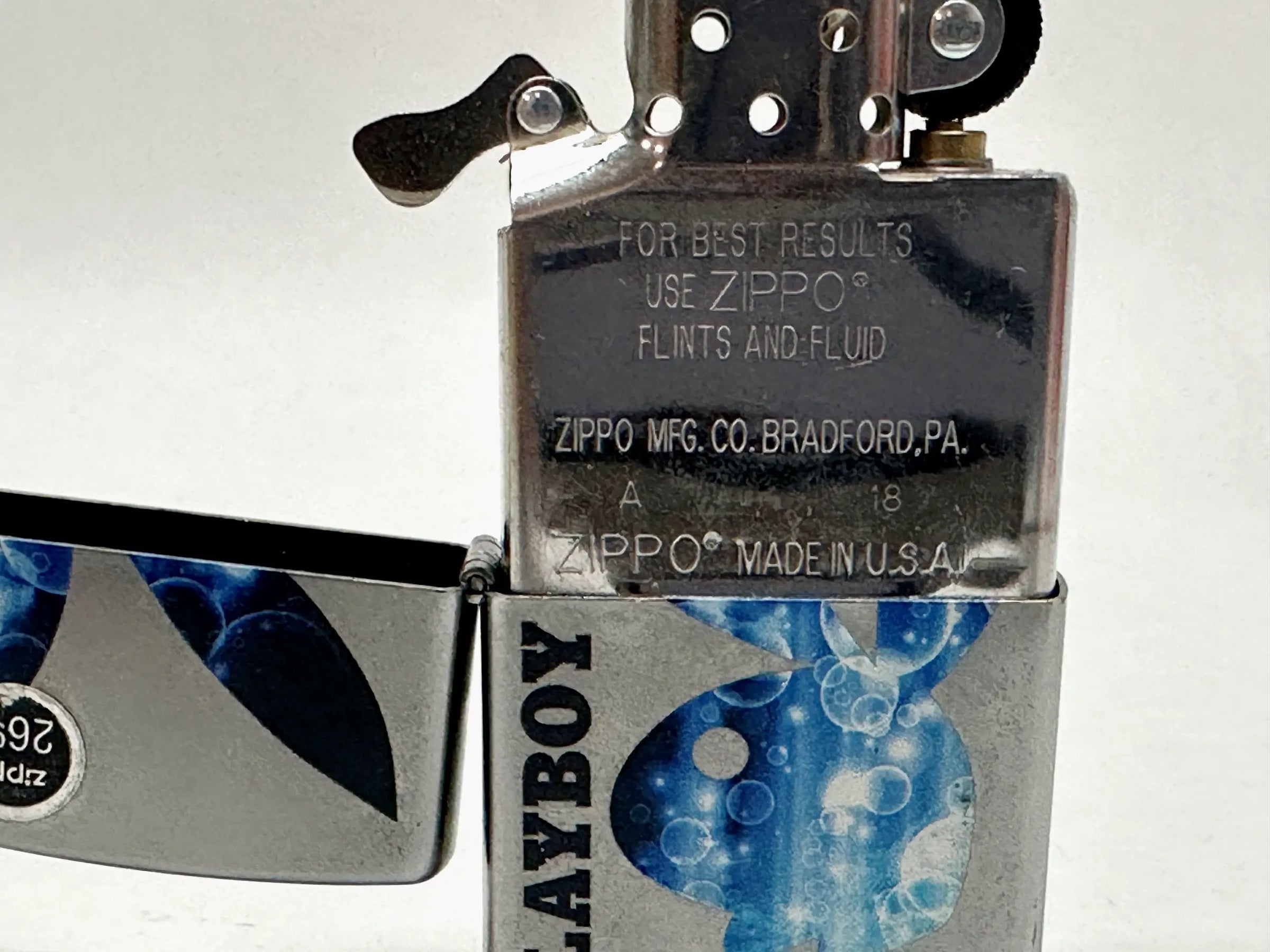 2018 Playboy Bunny Head Blue Water Bubbles Satin Chrome Zippo Lighter - Hers and His Treasures
