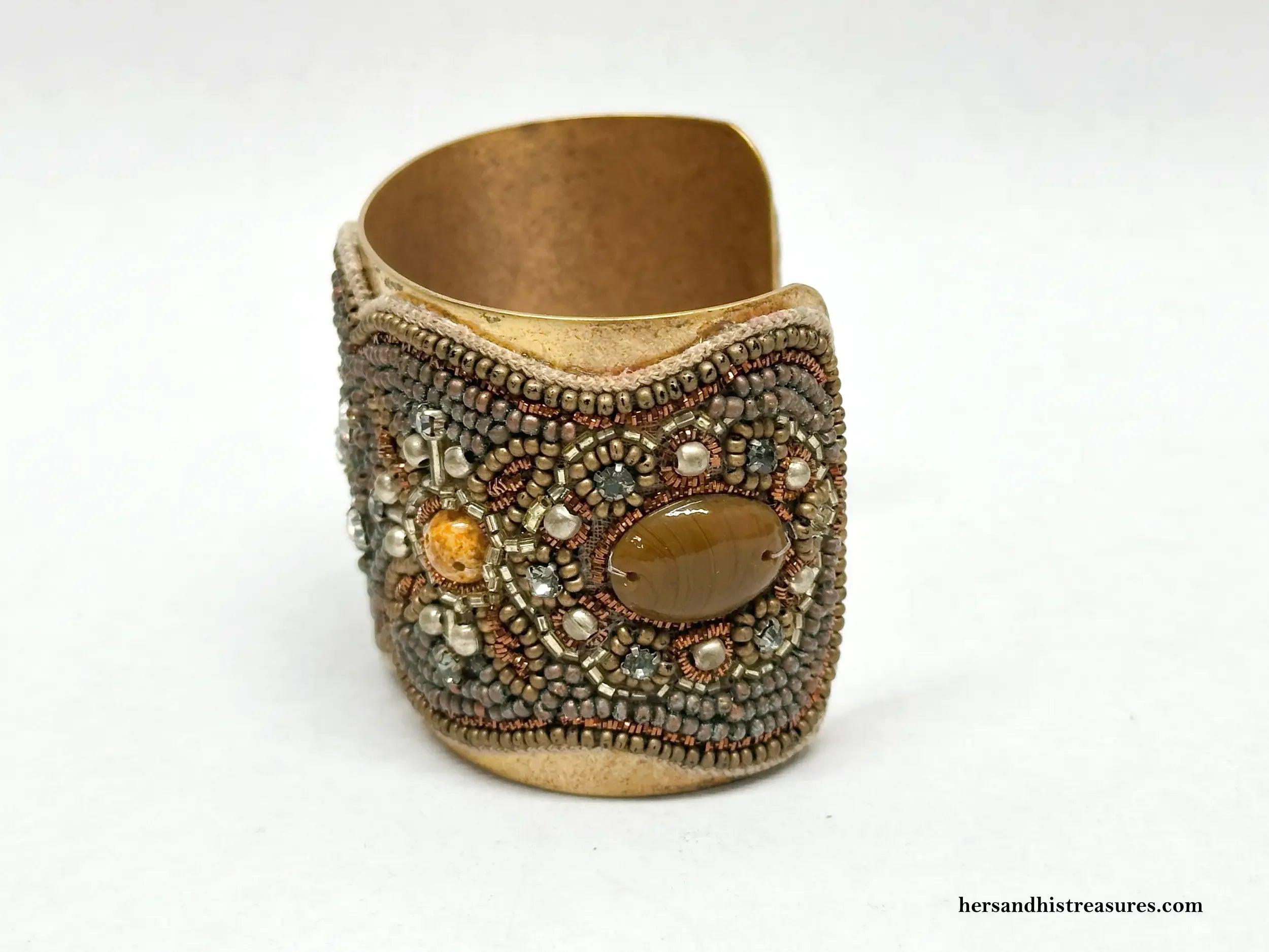 Vintage 90s Bohemian Embroidered & Beaded Cuff Bracelet Gold Tak style watch Vintage A 14k Yellow Gold And Black Enamel Art Deco Bracelet  main image 2