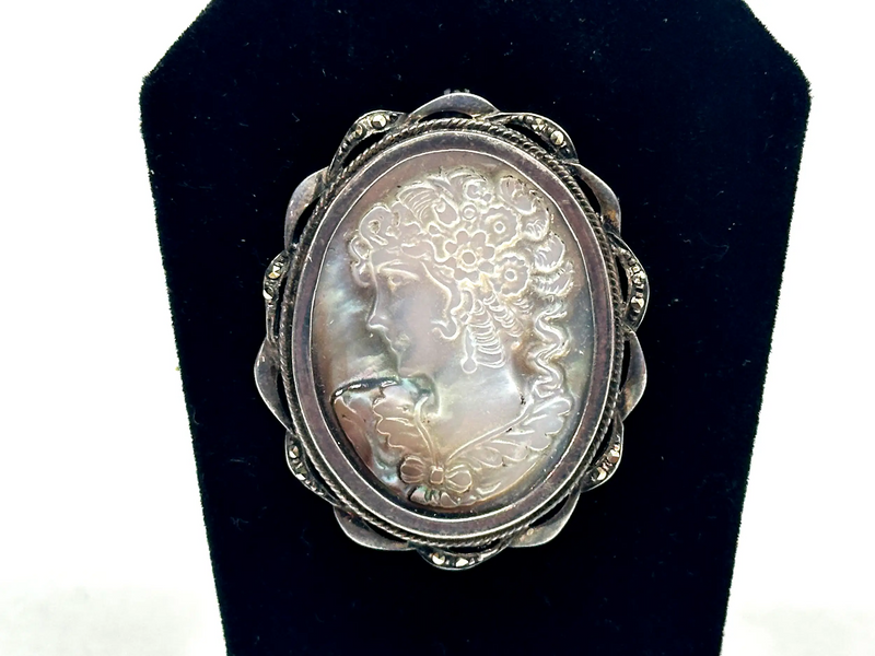Sterling Silver Abalone Cameo Brooch Pin - Hers and His Treasures